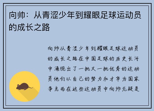 向帅：从青涩少年到耀眼足球运动员的成长之路